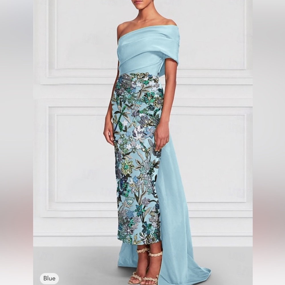 Floral Embroidered Blue Tea Length Gown
